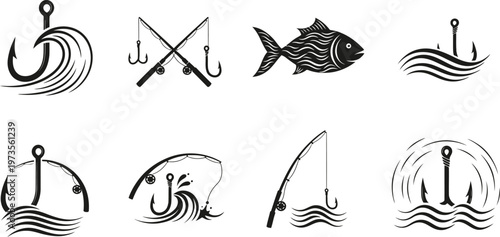 Vintage fishing icons set hand drawn nautical illustrations for anglers fishing businesses and outdoor adventures