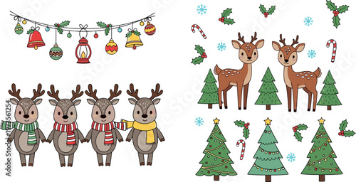 Collection of Cute Christmas Reindeer Trees Ornaments Holly and Winter Decorations for Holiday Greeting Cards Seasonal Design and Festive Elements