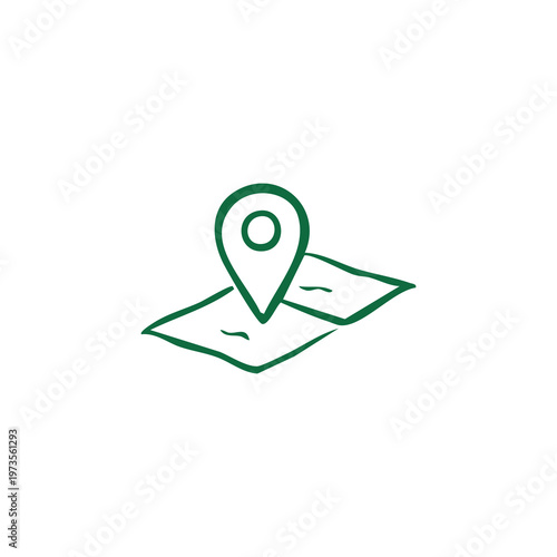 A sketched green location pin on a map outline