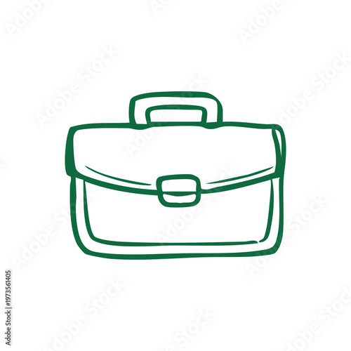 Simplified green briefcase sketch handle on top, arched front flap with buckle, two compartments, clean white background, minimal line work