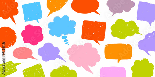 Colorful speech bubbles and thought balloons scattered across a white background
