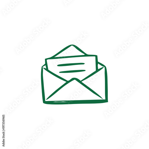 Green envelope with piece of paper inside, two horizontal green lines, minimalist flat design