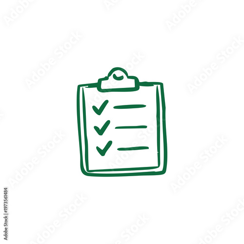 Green hand-drawn clipboard with three checkmarks and lines