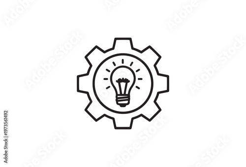 This light bulb vector icon features a gear mechanism symbol to represent a 3d business engineering concept for web design and industrial technology equipment