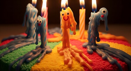 colorful birthday cake with melted unicorn candles