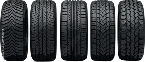 Car tire tread patterns set with different designs realistic vector illustration automotive rubber texture collection isolated background