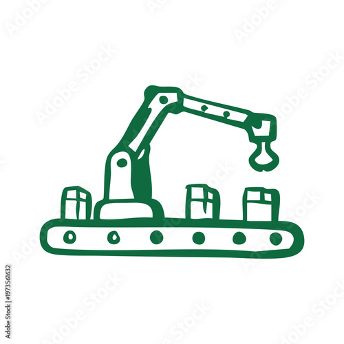 A robotic arm over a conveyor belt moving small boxes