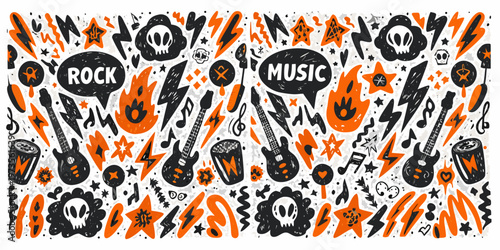 Bold rock and music themed doodle illustration with skulls and instruments