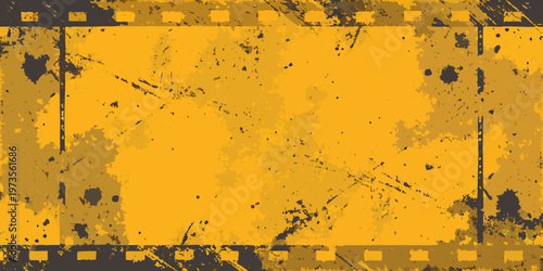 A distressed filmstrip frame with a textured yellow background