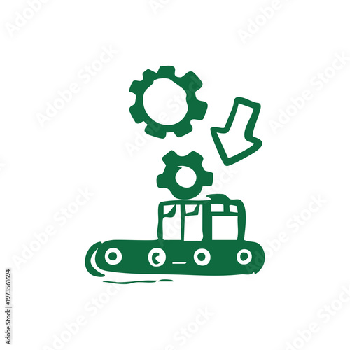 Green gears and conveyor belt with boxes, indicating production process
