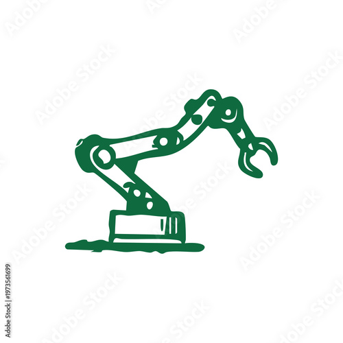 Dynamic green robotic arm with segmented joints and claw hand in motion, industrial design on white background casting shadow