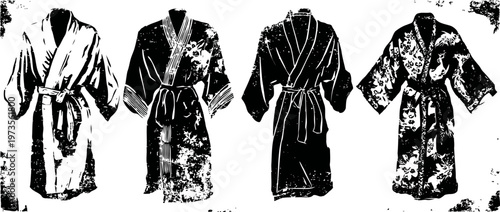 Set of four different bathrobes with belts in vintage engraved style, comfortable and warm clothing apparel