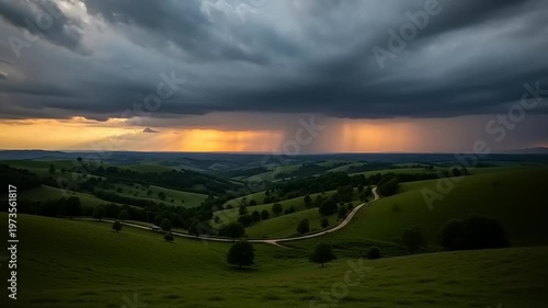 stormy landscape with road and green hills