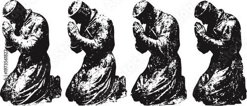 kneeling praying man silhouette in grayscale, repeated four times in sorrowful posture