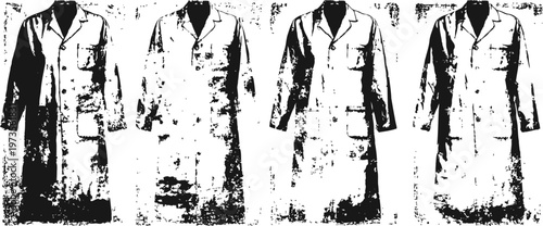 Set of four vintage women's long coats with buttons and collars, classic outerwear silhouettes in black and white