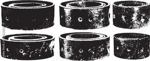 Set of six monochrome grunge textured round hockey pucks isolated on white