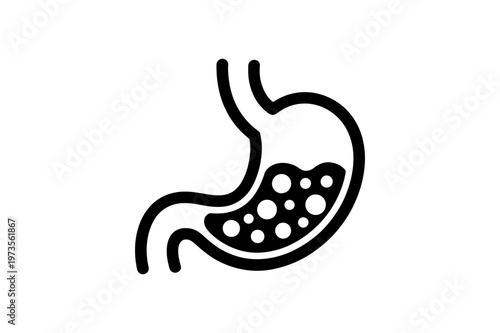 Stomach organ icon with internal digestion bubbles and fluid, simple outline illustration for medical and health concepts