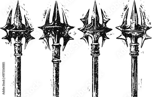 Medieval spiked mace weapons with long wooden handles, vintage black and white engraving set