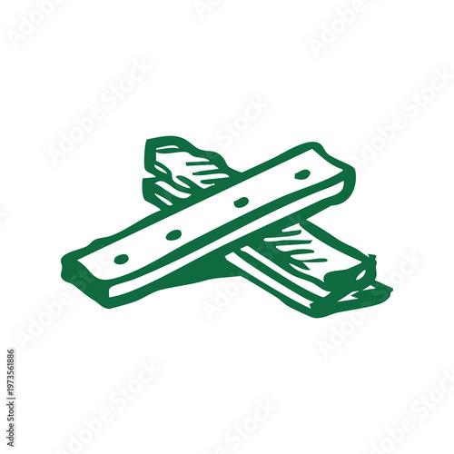 A green illustration of two wooden planks crossed over each other