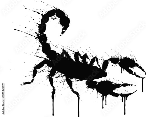 black ink scorpion silhouette with artistic splatter effect tattoo design and tribal symbol concept