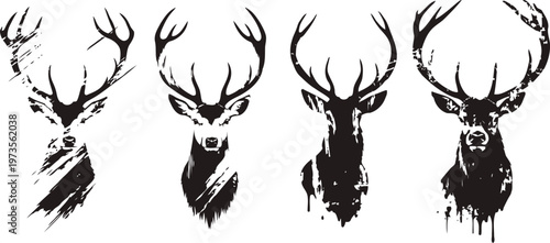 Black and white grunge deer head silhouettes with large antlers wildlife animal rustic art designs