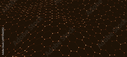 A vibrant hexagonal grid gently curves like a living digital fabric. A futuristic hexagonal background. Glowing nodes are connected by lines, forming a honeycomb structure.