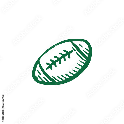 A minimalist dark green football illustration with white internal stripes, a four-stitch line, and a slightly tilted oval shape against a plain background