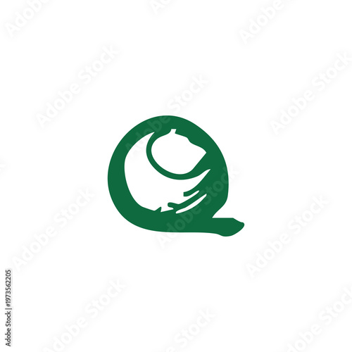 Green abstract circular logo resembling a fox or dog curled within the letter Q