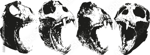 black and white illustration of roaring ape skulls from different angles with open jaws