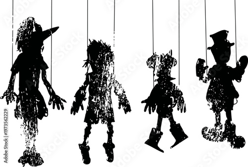 Four distinct marionette puppets hanging from strings in silhouette with varied shapes and poses