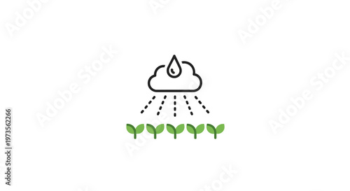 Green plants growing under raindrops from cloud.