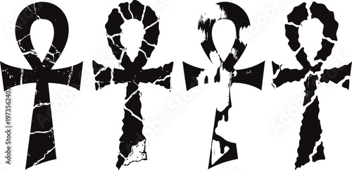 set of black cracked ancient egyptian ankh symbols with distressed texture