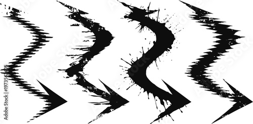 Abstract black zigzag lines with rough, spiked distortion on white background, glitch art design element