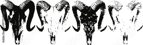 black and white ram skull silhouettes with curved horns, symmetrical animal skull set