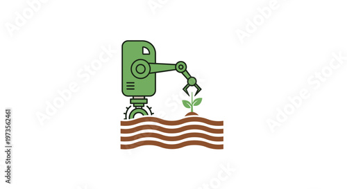 Green Robot Planting Seedling in Soil.