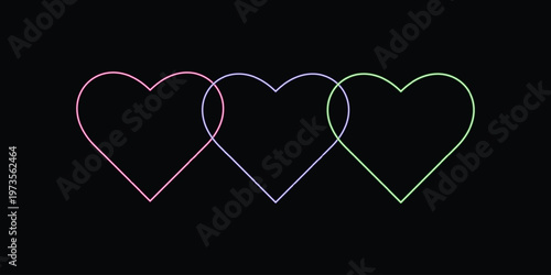 Neon light heart sign. set of colorful glowing heart border templates.