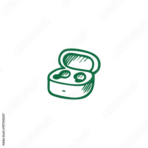A green line drawing of a white wireless earbuds case with lid open