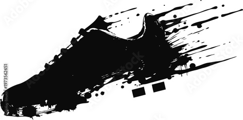 Dynamic black soccer cleat silhouette with abstract motion splash effect in sports design
