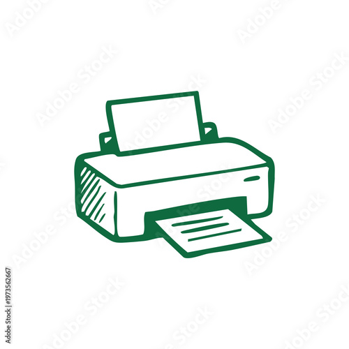 A sketchy green outline drawing of a printer with paper in the input and output trays