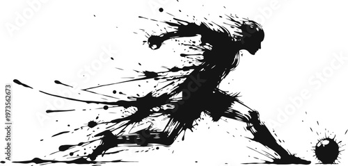 Dynamic abstract silhouette of a soccer player kicking a ball with paint splatter effect and motion lines