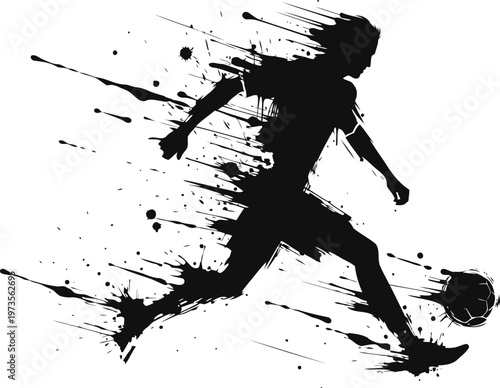 Dynamic female soccer player silhouette with splatter paint effect kicking ball aggressively