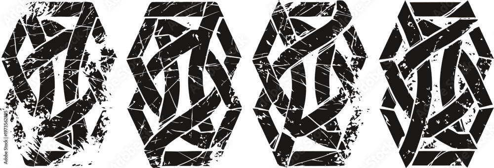 Obraz premium set of four black distressed polygonal shapes with irregular cutout patterns and rough textured edges