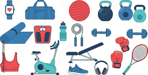 Collection of Fitness Equipment Including Dumbbells Kettlebell Yoga Mat Boxing Gloves Exercise Bike and Sports Accessories for Gym Training Design