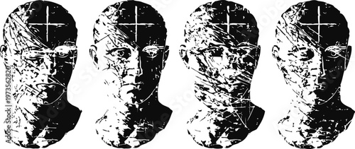 four abstract cracked human head sculptures with engraved cross, textured artistic design