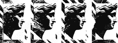 Classical statue profile in black and white artistic stencil effect, four identical side views