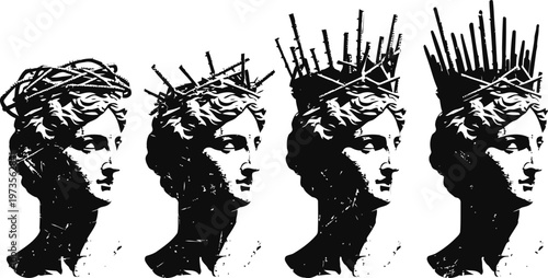 evolution of classical bust with crown of nails transforming in four stages on white background