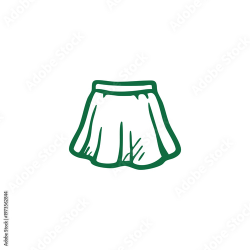 Minimalist green line drawing of a pleated skirt with scalloped hem, defined waistband, and no patterns. Simple white background. Clean, modern design