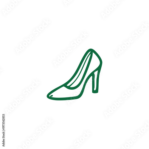 Minimalist green line drawing of a high-heeled shoe against a white background