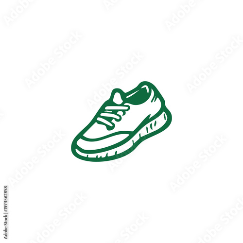 A green line drawing of a right foot shoe with laces on a white background