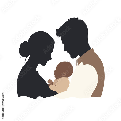 family, parents, baby, newborn, silhouette, love, parenthood, bonding, home, childhood, care, vector, illustration.